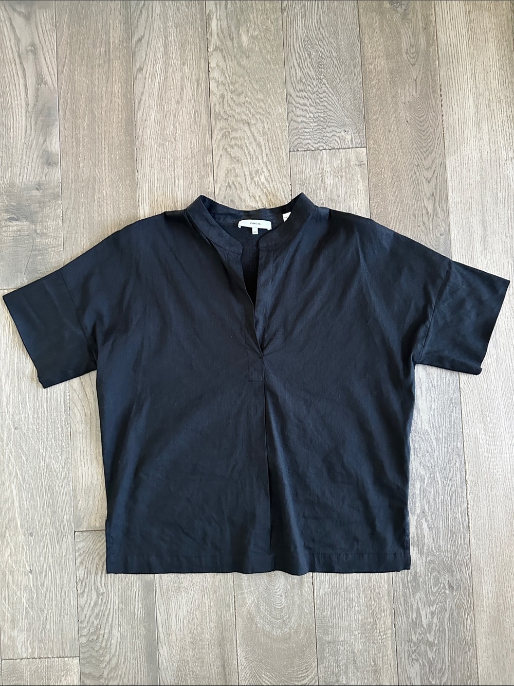 Vince Black Linen Blend Split-Neck Shirt